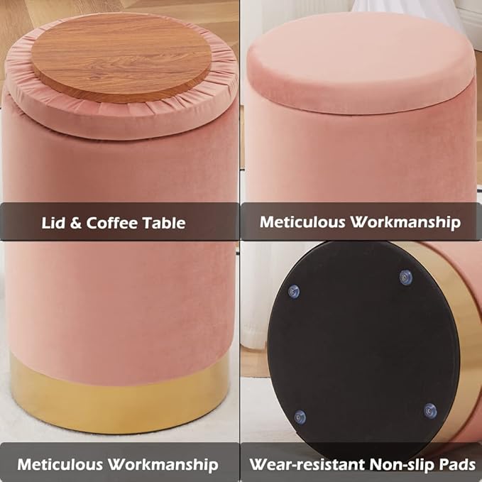 Mxfurhawa Velvet Storage Ottoman Multipurpose Footrest Stool with Metal Base Modern Round Vanity Stool Chair Ottoman Foot Stools Support 300 lbs Padded Seat for Living Room (Soybean red)