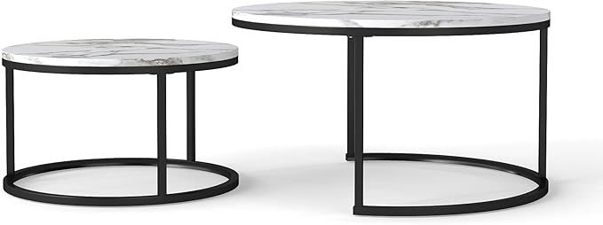 Nesting Coffee Table Set of 2, 31.5" Round Coffee Table Wooden Marble Pattern Accent Furniture, Industrial End Table for Living Room Bedroom Balcony (White/Black)
