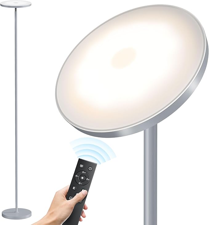 SUNMORY Floor Lamps for Living Room, 32W/3000LM Super Bright LED Floor Lamp with Remote Control, 69" Tall Standing Lamp with Stepless Dimmable, Modern Torchiere Corner Lamp for Bedroom, Office Grey