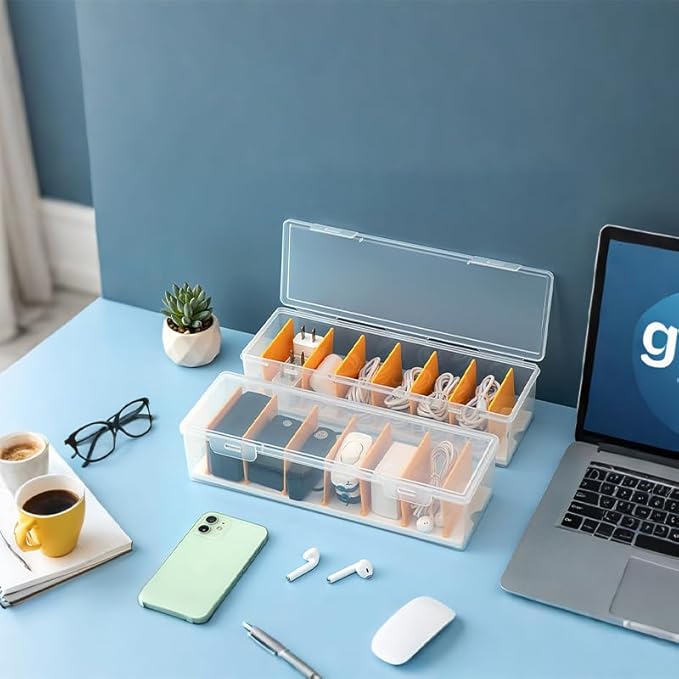 Clear Cable Organizer Box with 10 Reusable Cable Ties, Cord Management Case for Phone Chargers, Wires, Electronics. Desk Drawer Storage Organizer for Home, Office.