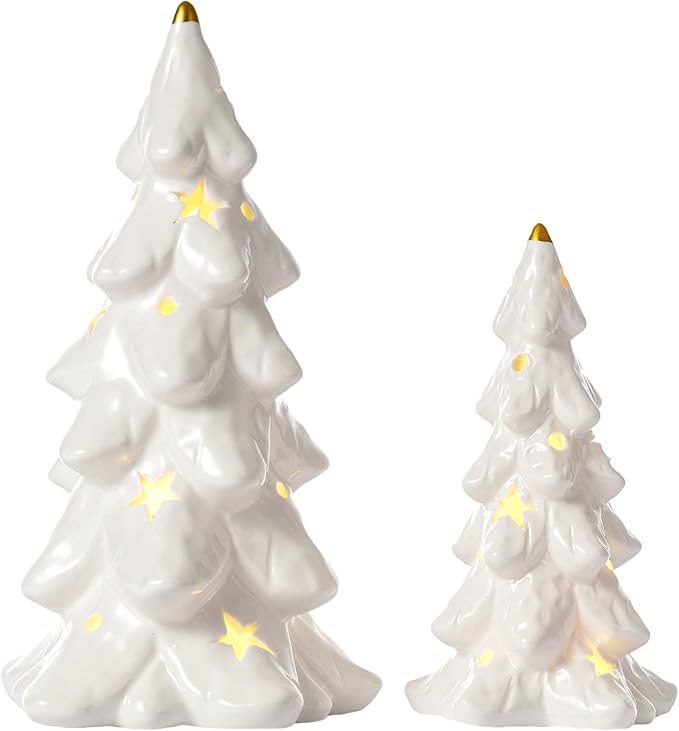 DN DECONATION Christmas Tree with Lights, Tabletop Xmas Trees with Star-Cutouts Leaves, 2Pcs White Prelit Ceramic Christmas Tree Figurines Holiday Centerpieces for Mantel & Shelves Decor