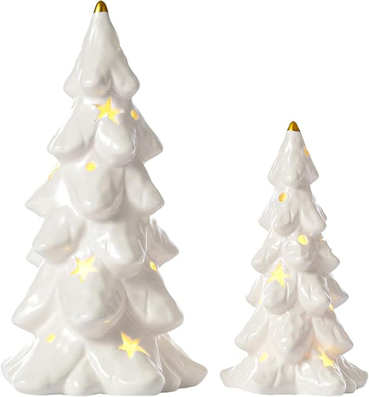 DN DECONATION Christmas Tree with Lights, Tabletop Xmas Trees with Star-Cutouts Leaves, 2Pcs White Prelit Ceramic Christmas Tree Figurines Holiday Centerpieces for Mantel & Shelves Decor