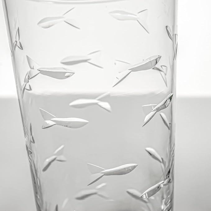 Rolf Glass School of Fish Highball Glass | Set of 4 15oz Cooler Glasses | Lead-Free Engraved Glass with Heavy Base | Proudly Made in the USA