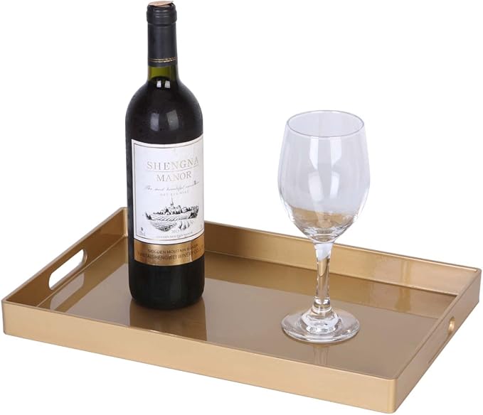 Zosenley Decorative Tray, Rectangular Plastic Tray with Handles, Modern Vanity Tray and Serving Tray for Bathroom, Kitchen, Ottoman and Coffee Table, 15.6" x 10.2"(Gold)