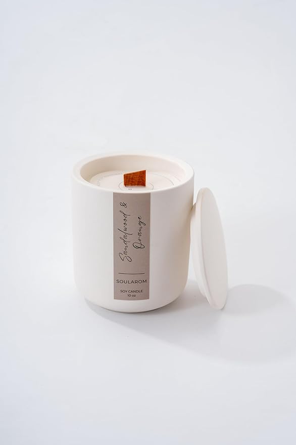 Luxury Sandalwood & Orange Scented Soy Candle – 10oz Ceramic Jar with Crackling Wooden Wick, 60+ Hour Burn – Elegant Aromatherapy Candle for Home Décor & Gifts
