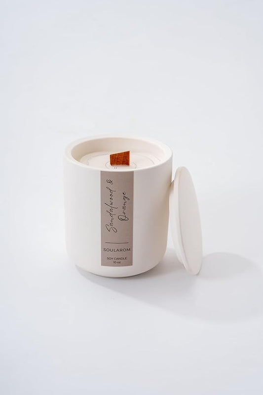 Luxury Sandalwood & Orange Scented Soy Candle – 10oz Ceramic Jar with Crackling Wooden Wick, 60+ Hour Burn – Elegant Aromatherapy Candle for Home Décor & Gifts