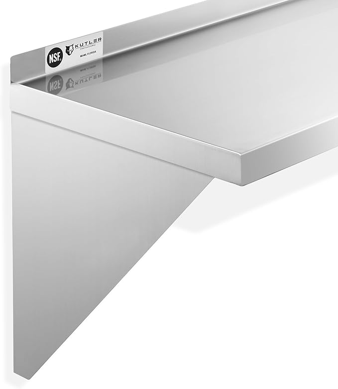 KUTLER Stainless Steel Shelf - 12" x 48", NSF Commercial Wall Mount Shelves with Backsplash, Floating Metal Shelving for Restaurant, Kitchen, Home