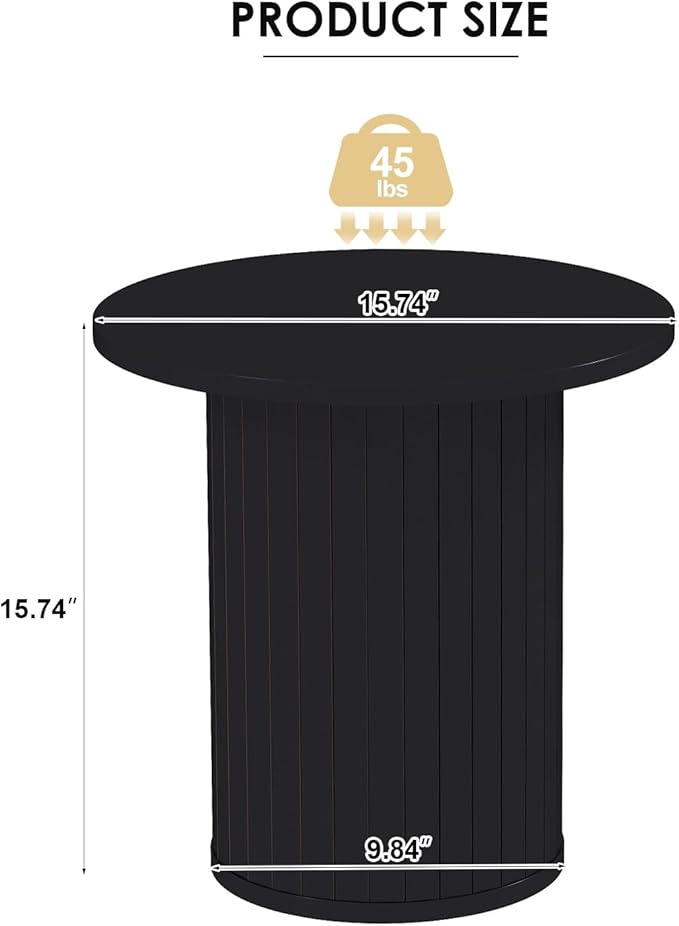 COSVALVE Round Wood Fluted End Table, 15.7” Circle Farmhouse Side Table Sets for Living Room, Bedroom, Balcony, Small Spaces, Black