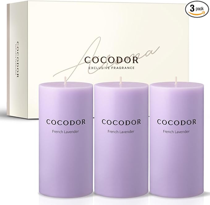 COCODOR Scented Pillar Candles, 3x6 Inch, French Lavender, Candle Set of 3, Long Buring 85 Hours, Candles for Weddings, Party, Dinner, Home Decor.