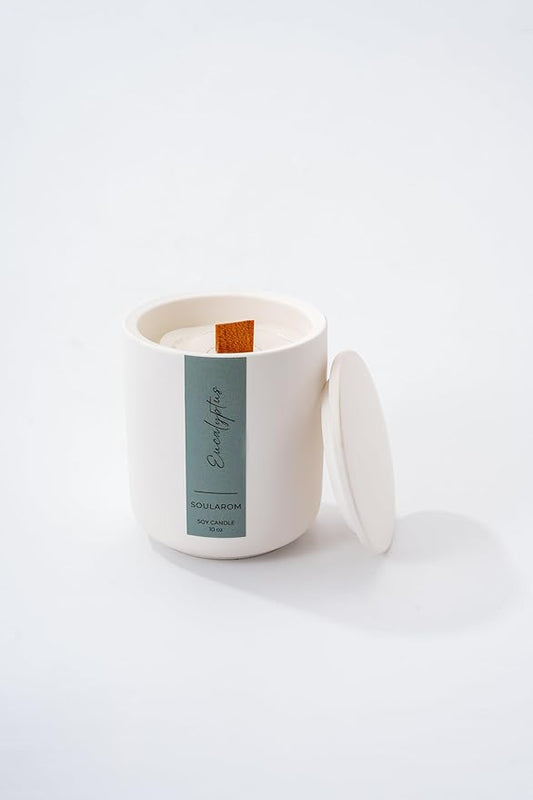 Luxury Eucalyptus Scented Soy Candle – 10oz Ceramic Jar with Crackling Wooden Wick, 60+ Hour Burn – Elegant Aromatherapy Candle for Home Décor & Gifts