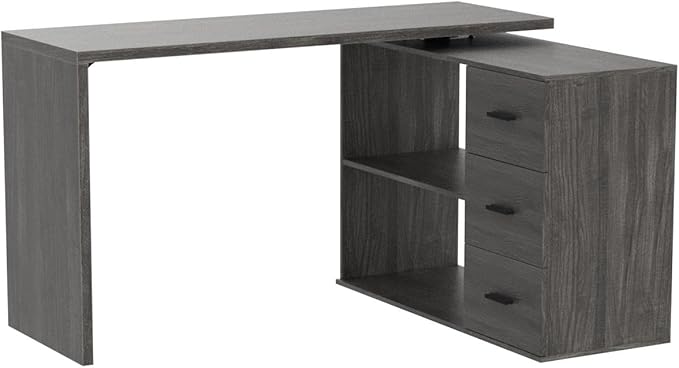 HSH L Shaped Computer Desk with Drawers, 360 Rotating L Shape Desk with Storage Cabinet Shelves, Industrial Home Office Desk for Executive Writing Study Work, Dark Wood Table Swivel Desk, Gray 55 Inch