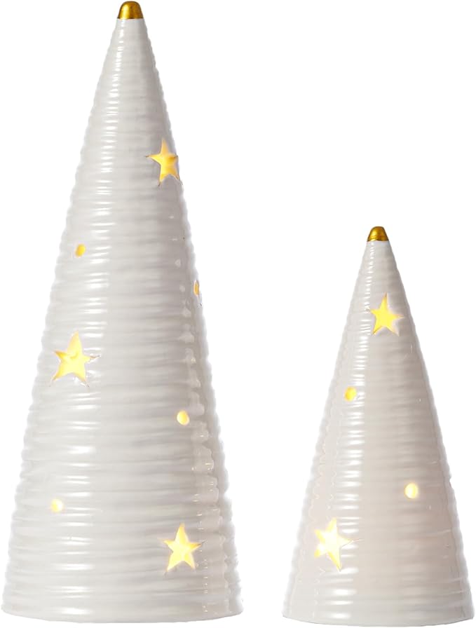 DN DECONATION Ceramic Christmas Tree Decor with Lights, Battery-Operated Tabletop Xmas Trees, 2Pcs Prelit White Christmas Tree Figurines Decorations for Home, Mantel, Shelves