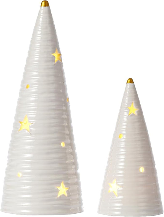 DN DECONATION Ceramic Christmas Tree Decor with Lights, Battery-Operated Tabletop Xmas Trees, 2Pcs Prelit White Christmas Tree Figurines Decorations for Home, Mantel, Shelves