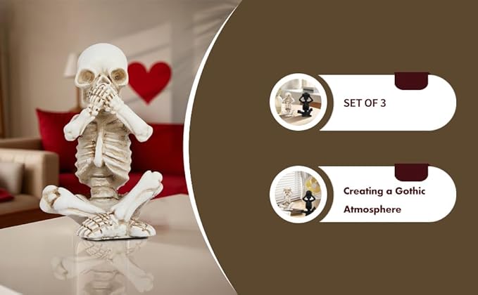 Skull Shelf Decor,Yoga Skeleton Figurine,Halloween Gothic Home Decor,Antique Silver Accent Statue,Collectible Figurines Set of 3 (White)