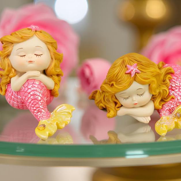 Mini Mermaid Figurine Set (2-Pack) - 4-Inch Sleeping Baby Mermaid Statue, Cute Tailed Mermaid Princess Decor for Fish Tank, Shelf & Home Décor