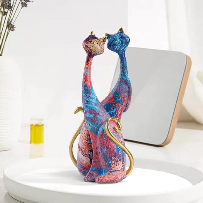 Cat Decor cat Lovers Birthday Gifts for Women Oil Painting Resin cat Art Decorative Sculptures Colorful Cat Statue Home Decor 9.84in 2 pcs
