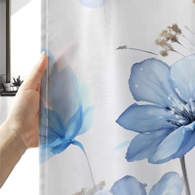 Sanzugh Boho Blue Flower Shower Curtain, Light Blue Watercolor Floral White Art Fabric Shower Curtains Set for Bathroom Decorative with Hooks 72 X 72 inch Beautiful Bath Decor