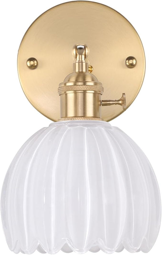 Vintage Wall Sconces with Cute White Tulip Glass Lampshade 180 Degree Adjustable Brass Sconces Hradwired Modern Wall Lighting Fixture with Switch for Bedside Bedroom Doorway