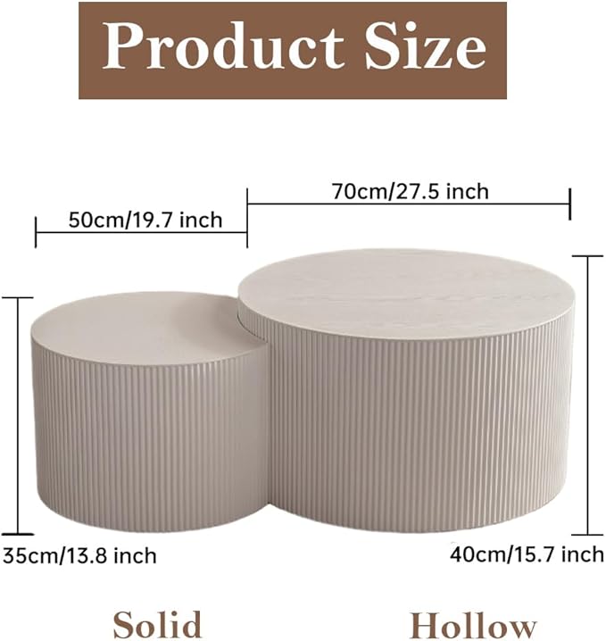 Round Nesting Coffee Table Set of 2 Modern Cream Fluted Coffee Table Small Round End Table Crescent Side Table Circular Coffee Tables Nested Coffee Tables for Living Room (Cream Large)