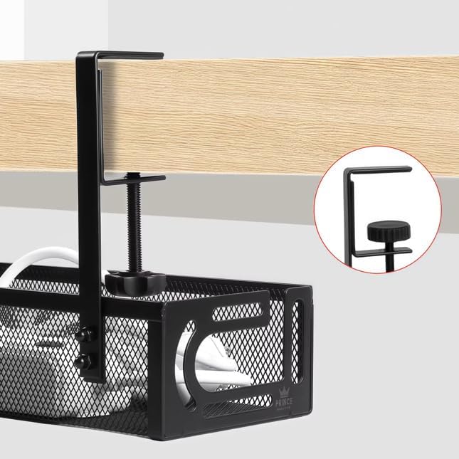 4-in-1 Clamp-On Cable Managment Tray-No Drill Wire Organizer for Desk, Side, Front, or Shelf Mount-Heavy Duty Metal Mesh by Prince Supply Co.