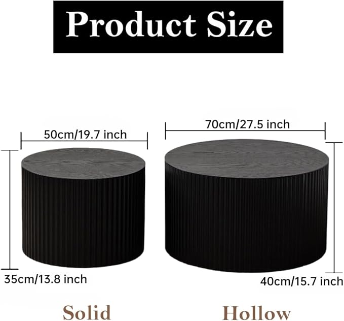 Black Nesting Coffee Table Set of 2 Modern Round Fluted Coffee Table Small Round End Table Side Table Circular Coffee Tables Circle Nested Coffee Tables for Living Room (Black Large)