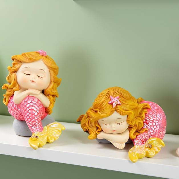 Mini Mermaid Figurine Set (2-Pack) - 4-Inch Sleeping Baby Mermaid Statue, Cute Tailed Mermaid Princess Decor for Fish Tank, Shelf & Home Décor