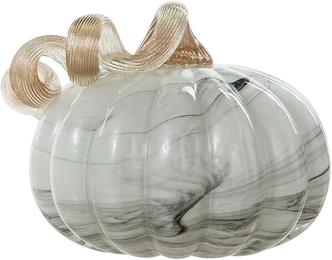 Glitzhome Hand Blown Glass Pumpkin Table Accent for Home Decor Fall Harvest for Mother Gray Marble 4.13" H