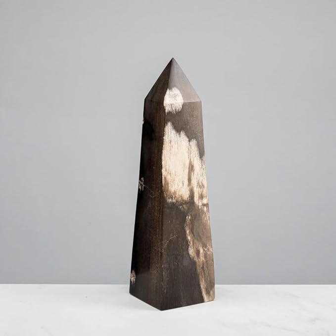 KALIFANO - 12" Black Petrified Wood Obelisk Point, Hand-Carved, Timeless, Unique, and Elegant Decor Accent, Office or Home Decor