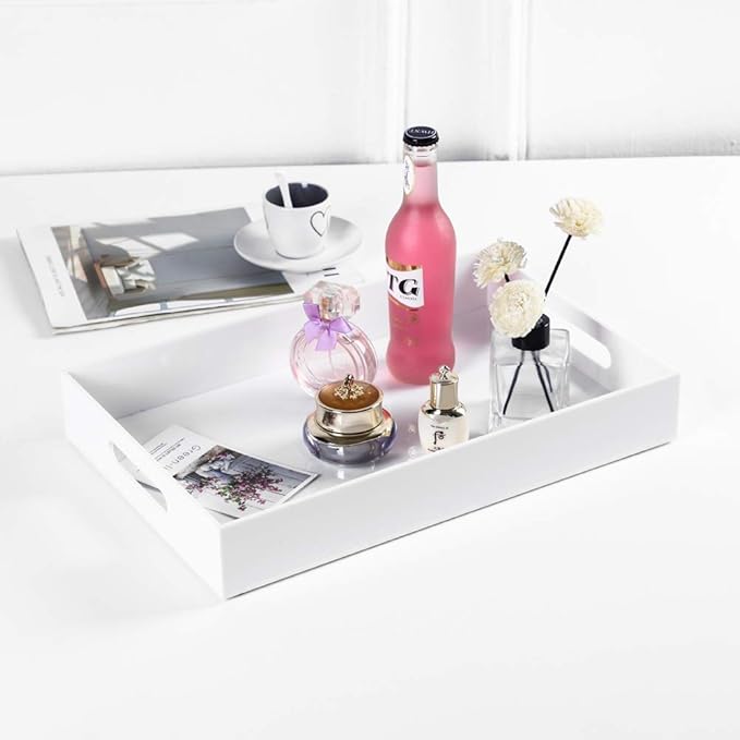 Sooyee Serving Tray with Handles,16" x 12" Decorative Tray,Coffee Table Tray,Acrylic Tray for Breakfast, Tea, Food, Butler,Table Ottoman Vanity Countertop,White