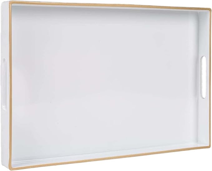 Zosenley Decorative Tray, Rectangular Plastic Tray with Handles, Modern Vanity Tray and Serving Tray for Bathroom, Kitchen, Ottoman and Coffee Table, 15.6” x 10.2” (White)
