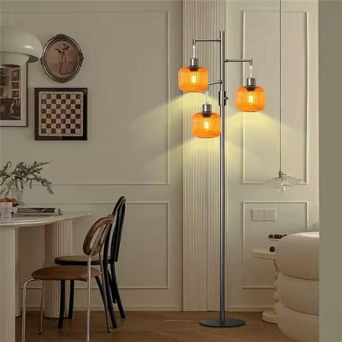 Dimmable Glass Floor Lamp for Living Room,3 Lights Standing Lamp for Living Room, Modern Standing Tree Lamp with Orange Glass Shade, 69In Tall Lamp for Bedroom Office, 3×600 LM LED Bulbs Included