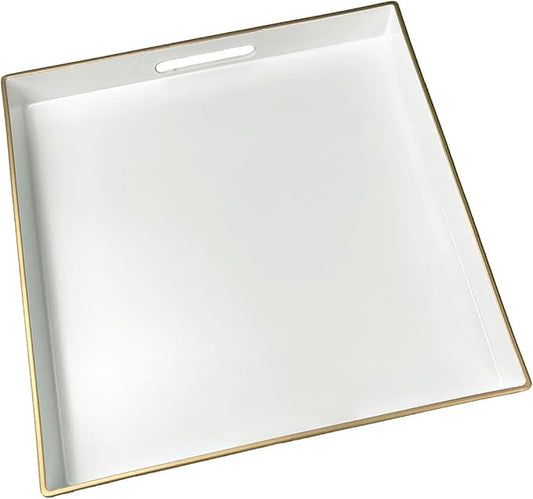White Decorative Tray, Square Serving Tray with Handles, Plastic Coffee Table Tray for Ottoman, Living Room, Kitchen Tabletop, 13"x13"x1.6"