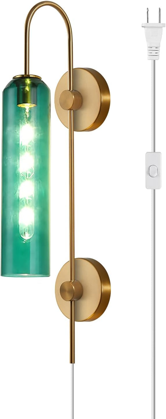 BOKT Modern Gold Plug in Wall Sconce Green Glass Bedside Wall Light Fixtures Plug in Cord Mid Century Long Metal Wall Sconce Single Bathroom Bar Wall Lamp (Green)