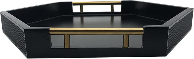 Serving Tray with Polished Metal Handles, Hexagon Coffee Table Tray, Modern Rectangle Decorative Tray, Large Ottoman Tray, Perfect for Storage and Display (Black Hexagon)