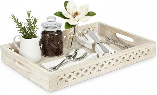Mela Artisans Whitewash Wooden Decorative Tray with Handles | 16x12x2.5 Mango Wood Ottoman Tray | for Kitchen Countertop | Coffee Table | Snacks | Desserts | Breads | Bedroom Decor