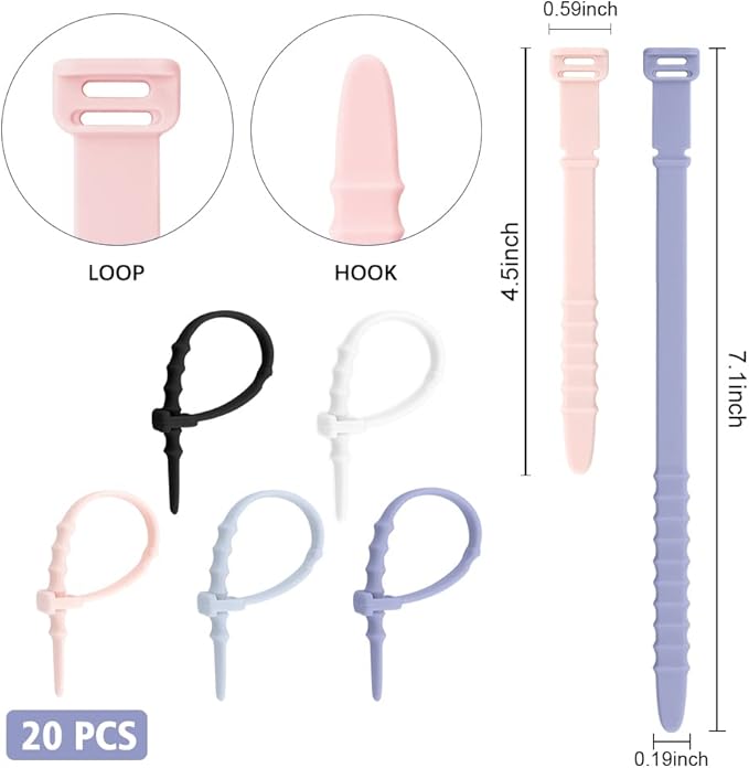 Silicone Zip Ties, Reusable Zip Ties, Rubber Cable Ties for Cable Management, Everyday Essentials,Travel Essentials,Office Camping Accessories,Elastic Cord Ties,Multicolor Cable Straps in Two Sizes