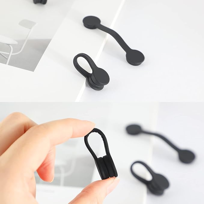 Viaky 6 Pcs Black Magnetic Cable Clips Organizer Earbuds Cords Winder Bookmark Whiteboard Noticeboard Fridge Straps USB Manager Keeper Wrap Ties for Kitchen, Home, Office and School