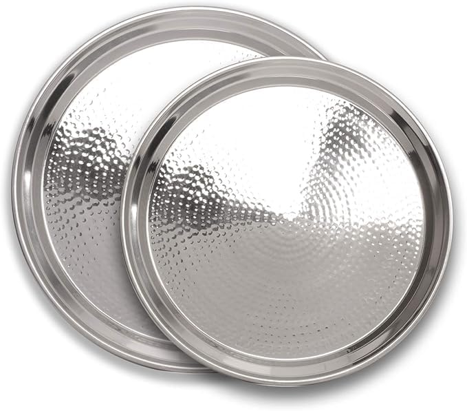 Hammered Stainless Steel Trays – Round Metal Silver Serving Trays - 2 Pc - Large Tray 15” Medium Tray 13” - Decorative Platters – by Bonito Home