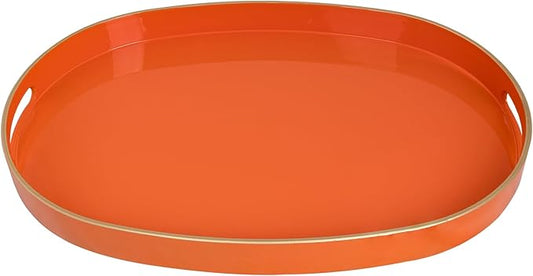 MAONAME Orange Decorative Tray, Oval Serving Tray with Handles, Plastic Tray for Coffee Table, Ottoman Trays for Living Room, Bathroom, 15.6" X 10.6" X 1.4"