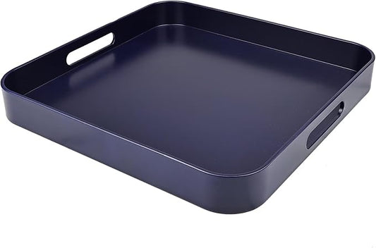 Square Navy Blue Decorative Serving Tray with Handles, Versatile Ottoman Tray for Coffee Table, Entertaining, Outdoor Patio, Living Room, 13”*13”*1.6”
