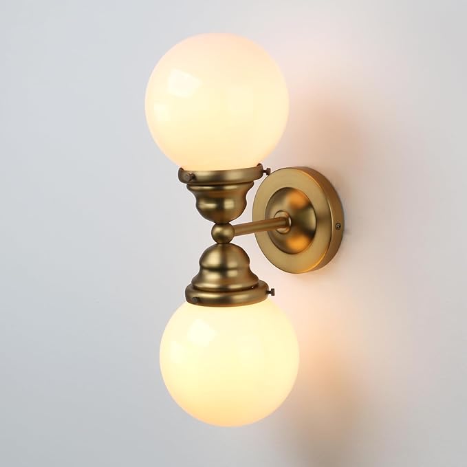 Pathson Milk White Glass Wall Sconces Lighting, 2 Lights Industrial Wall Vanity Light Fixtures Brass Finish, Vintage Wall Sconce Lamp for Bathroom Living Room Bedroom