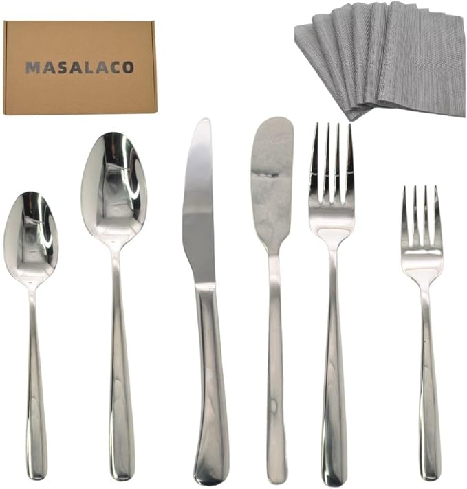 36 Piece Silverware Set with Placemat,MASALACO 6-Piece Stainless Steel Cutlery Set-Knife Fork Butter Knife and Spoon,Mirror Finish,Suitable for Home Restaurant Hotel Kitchen Utensils,Dishwasher Safe