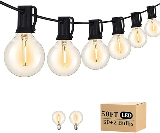 Outdoor String Light 50FT Patio Black with 52 Shatterproof G40 LED Clear Globe Bulbs for Indoor/Outdoor, Connectable Hanging Lights for Backyard Balcony Party Decor
