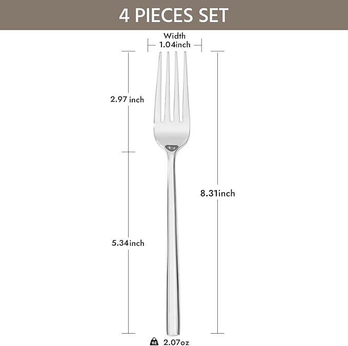 KINGSTONE Dinner Forks Set, 4-Piece Silverware Flatware Cutlery Dessert Forks (8.3-Inch), Forged Food-Grade Stainless Steel, Mirror Finish & Dishwasher Safe, Use for Kitchen, Home, Wedding, Party