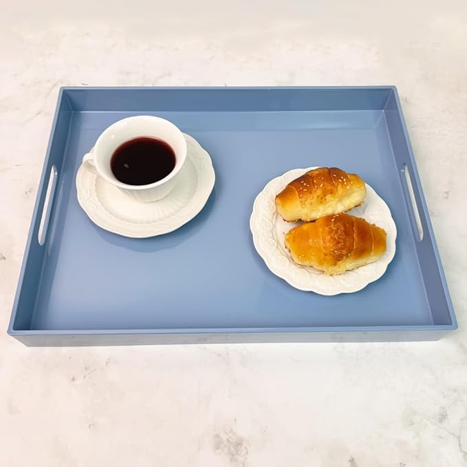 Light Blue Decorative Tray, Rectangular Large Serving Tray with Handles, Plastic Coffee Table Tray for Ottoman, Living Room, Kitchen Tabletop, 15.7” x 11.8” x1.6”