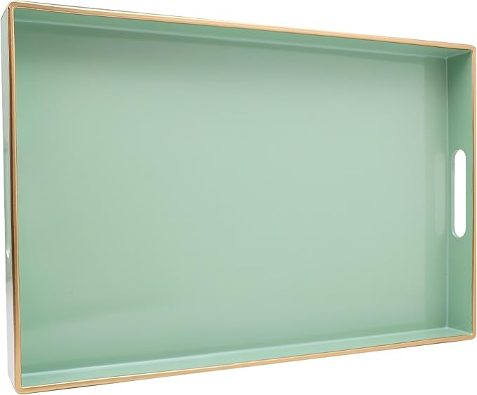 Spsyrine Green Decorative Serving Tray with Handles, Elegant Plastic Coffee Table Tray for Ottoman, Living Room, Home Decor 15.6" X 10.2"