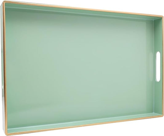 Spsyrine Green Decorative Serving Tray with Handles, Elegant Plastic Coffee Table Tray for Ottoman, Living Room, Home Decor 15.6" X 10.2"