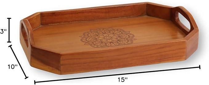 Vesta Homes Large Wooden Serving Tray for Home, Kitchen, Breakfast, Restaurant, Office Organizer, Dining Table | Premium Acacia Wood |15 * 10 * 3 Inches | Handcrafted in India