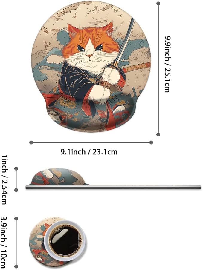 Mouse Pad with Wrist Support, Ergonomic Mouse Pad with Memory Foam Wrist Rest Cushion, Non-Slip Rubber Base Gaming Mice Pad for Home Office Computer Laptop,Japanese Cat