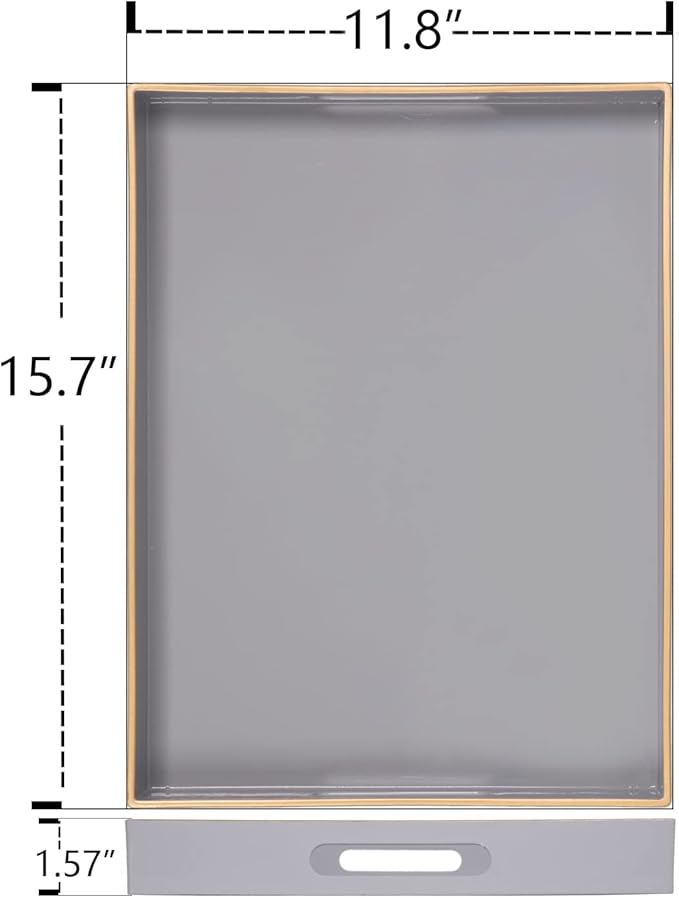 MAONAME Gray Serving Tray with Handles, Rectangular Decorative Tray, Modern Coffee Table Trays, Plastic Ottoman Trays for Bathroom, Decor, 15.7” x 11.8” x 1.57"